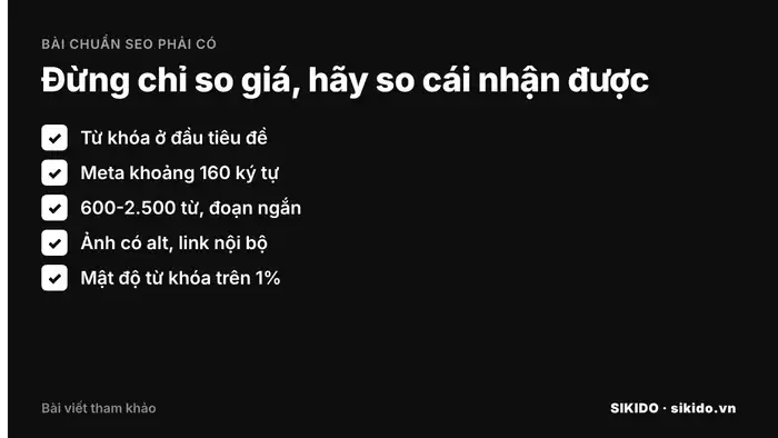 bảng kiểm tra khi so sánh giá viết bài chuẩn SEO